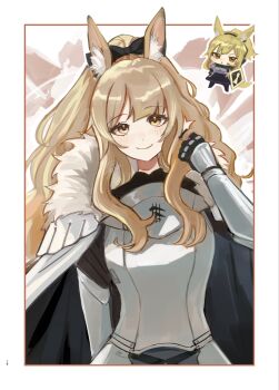 1girl animal_ears arknights armor black_cape blemishine_(arknights) border brown_eyes brown_hair cape chibi chibi_inset closed_mouth commentary dated hand_in_own_hair hand_up highres k-yosinori long_hair looking_at_viewer nearl_(arknights) outside_border revision sidelocks smile solo white_border