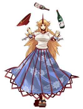 1girl absurdres alcohol blonde_hair bottle breasts chain cuffs cup female_focus full_body geta highres horns hoshiguma_yuugi juggling large_breasts long_hair ofuro_mantarou red_eyes sakazuki sake single_horn sketch skirt solo touhou transparent_background