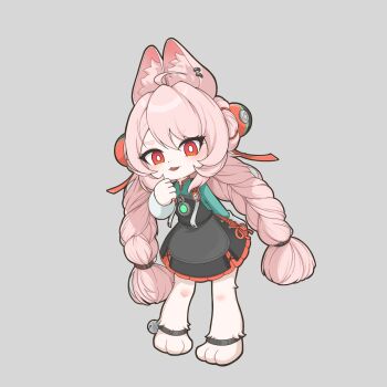 1girl ahoge animal_ear_fluff animal_ears braid bright_pupils ear_piercing furry furry_female highres long_hair looking_at_viewer nana_(eyzy2454) piercing pink_fur pink_hair rabbit_ears rabbit_girl red_eyes solo thick_eyebrows twin_braids zenless_zone_zero zhao_(zenless_zone_zero)