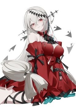 1girl aqua_gloves arknights ascot bare_shoulders black_ascot black_ribbon breasts clothing_cutout detached_collar detached_sleeves dress fish gloves hair_between_eyes hair_ribbon highres leg_ribbon long_hair long_sleeves low-tied_long_hair medium_breasts navel_cutout off-shoulder_dress off_shoulder official_alternate_costume parted_lips paszuto red_dress red_eyes red_ribbon red_sleeves ribbon simple_background sitting skadi_(arknights) skadi_the_corrupting_heart_(arknights) solo strap very_long_hair white_background white_hair yokozuwari