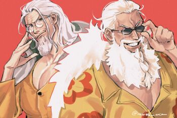 2boys beard braid braided_beard commentary facial_hair floral_print_shirt glasses goatee grin highres long_hair multiple_boys old old_man one_piece orange_shirt pectoral_cleavage pectorals red_background round_eyewear scar scar_across_eye scar_on_face scopper_gaban shirt sideburns silvers_rayleigh simple_background smile sparkle spiked_hair sunglasses symbol-only_commentary teeth upper_body vamos_mk white_hair yellow_shirt