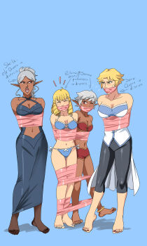 4girls absurdres arms_behind_back bdsm belly bikini bondage bound bound_together collarbone elvina_loyan female_focus gag gagged highres improvised_gag lost_one_zero midriff multiple_girls navel original swimsuit tape tape_bondage tape_gag