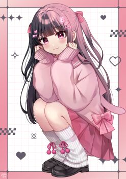 1girl black_shoes blush border brown_hair carrot_hair_ornament closed_mouth commentary_request dotted_line food-themed_hair_ornament grid_background hair_ornament hairclip heart heart_hair_ornament highres loafers long_hair long_sleeves looking_at_viewer minami_saki original pink_border pink_sailor_collar pink_skirt pink_sweater puffy_long_sleeves puffy_sleeves rabbit_hair_ornament red_eyes ribbed_socks sailor_collar school_uniform serafuku shoes skirt sleeves_past_wrists smile socks solo squatting sweater two_side_up very_long_hair white_background white_socks