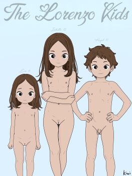 1boy 2girls arms_at_sides blue_background breasts brother_and_sister brown_eyes brown_hair cleft_of_venus collarbone completely_nude crossed_arms crossed_legs different_ages family female flaccid flat_chest group_picture hands_on_own_hips highres hispanic kiwicutie legs_apart legs_together loli looking_at_viewer multiple_girls navel nipples nude original penis puberty pubic_hair pussy self-upload shota siblings sisters small_breasts small_penis smile standing text_background uncensored virgin