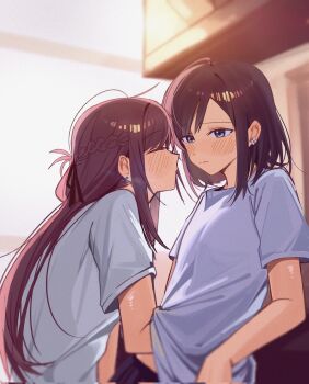 2girls black_hair blue_eyes blush braid brown_hair chinese_commentary closed_eyes closed_mouth commentary_request corrupted_twitter_file earrings haidao_mao half_up_braid hand_under_clothes highres imminent_kiss jewelry long_hair medium_hair miyagi_shiori multiple_girls sendai_hazuki shirt short_sleeves shuuniichido_classmate_wo_kau_hanashi white_shirt yuri