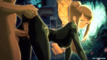 1boy 1girl animated animated_gif ass bent_over blonde_hair bodysuit bouncing_breasts breasts clothed_female_nude_male clothed_sex doggystyle hetero latex long_hair looping_animation medium_breasts metroid nintendo nude penis ponytail pussy pussy_juice pussy_juice_trail saltyicecream samus_aran sex sex_from_behind skin_tight testicles torn_bodysuit torn_clothes uncensored vaginal zero_suit