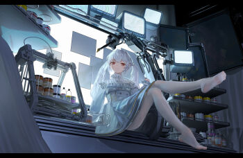 1girl absurdly_detailed_composition absurdres barefoot blue_dress can closed_mouth dress feet frills full_body haishenmumu highres indoors legs loaded_interior long_hair long_sleeves looking_at_viewer machine monitor no_shoes original pantyhose red_eyes scenery sitting smile soles solo toes twintails white_dress white_hair white_pantyhose