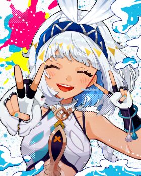 1girl bare_shoulders blue_hairband blue_nails breasts closed_eyes commentary_request dark-skinned_female dark_skin facing_viewer fingerless_gloves genshin_impact gloves hairband highres hoshiki_shunka long_hair mualani_(genshin_impact) open_mouth paint_splatter simple_background smile solo twitter_username upper_body white_background white_gloves white_hair