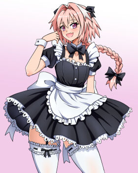 Rule 34 | 1boy, alternate costume, apron, astolfo (fate), black bow, black bowtie, black dress, bow, bowtie, braid, cowboy shot, crossdressing, crossdressing (mtf), dress, enmaided, fang, fate (series), frilled apron, frilled dress, frilled thighhighs, frills, garter straps, hair intakes, highres, juliet sleeves, long braid, long sleeves, maid, maid apron, maid headdress, male maid, multicolored hair, pink hair, puffy short sleeves, puffy sleeves, short sleeves, single braid, skin fang, solo, streaked hair, thighhighs, trap, waist apron, white apron, white streaks, wrist cuffs, zettai ryouiki, zuchysdraws