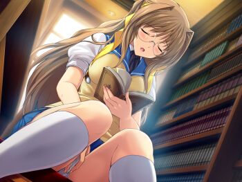 1girl blush book bookshelf breasts brown_hair choukou_(alicesoft) choukou_tenshi_escalayer closed_eyes female_masturbation fingering fingering_through_clothes fingering_through_panties game_cg glasses hair_intakes hair_ribbon kneehighs kouenji_sayuka library long_hair masturbation masturbation_through_clothes non-web_source official_art onigirikun open_mouth panties pantyshot ribbon school_uniform sitting skirt socks solo sweat sweater_vest through_clothes underwear variant_set wet wet_clothes wet_panties white_panties white_socks