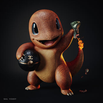 3d blue_eyes burning chanel charmander claws commentary english_commentary fang fangs fire flame-tipped_tail galyosef gen_1_pokemon highres holding looking_at_viewer money nintendo open_mouth poke_ball pokemon pokemon_(creature) realistic scales solo standing tagme tail
