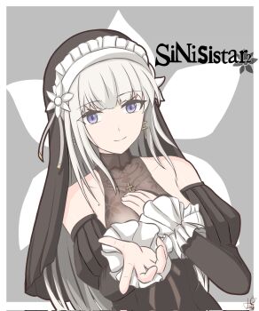 black_bodystocking black_dress black_sleeves black_veil breasts cross detached_sleeves dress grey_ribbon hand_on_own_chest highres lelia_(sinisistar) looking_at_viewer mole mole_on_breast nun reaching reaching_towards_viewer sideboob sinisistar_2 skrfubuki1 veil