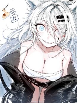1girl animal_ears arknights bare_shoulders black_jacket blue_eyes breasts chest_sarashi cleavage collarbone commentary_request constricted_pupils crazy crazy_eyes crazy_smile grin hair_ornament hairclip hakoniwashinshi highres jacket lappland_(arknights) large_breasts long_hair off_shoulder sarashi sharp_teeth simple_background sketch smile solo teeth white_background white_hair wolf_ears wolf_girl