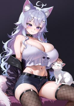 Rule 34 | 1girl, :3, absurdres, ahoge, animal ear fluff, animal ears, arm support, belt, black belt, black jacket, black shorts, breasts, brown thighhighs, camisole, cat, cat ears, cat girl, cat tail, cleavage, closed mouth, collar, commentary request, crop top, crop top overhang, dark background, hair ornament, hairclip, highres, indie virtual youtuber, jacket, large breasts, long hair, midriff, navel, off shoulder, okayusonmu, petting, purple eyes, purple hair, short shorts, shorts, sitting, skull hair ornament, skull print, smile, spiked collar, spikes, tail, thighhighs, white camisole, white cat, yuni nya