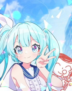 1girl aqua_halo black_sailor_collar blue_archive blue_eyes blue_hair blush bow breasts center_frills collarbone commentary_request doodle_sensei_(blue_archive) dress frilled_dress frills fuusen_neko hair_between_eyes hair_ornament halo hatsune_miku hatsune_miku_(blue_archive) highres long_hair looking_at_viewer medium_breasts multicolored_hair open_mouth sailor_collar sensei_(blue_archive) sleeveless sleeveless_dress smile solo tilted_halo twintails upper_body very_long_hair vocaloid white_dress