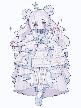 1girl blue_bow blue_bowtie blue_eyes blue_shoes blush bow bow_legwear bowtie closed_mouth commentary crown double_bun dress dress_bow english_commentary frilled_dress frills full_body hair_bun highres juliet_sleeves long_hair long_sleeves looking_at_viewer original pantyhose puffy_sleeves shoes simple_background solo standing upache white_background white_dress white_hair white_pantyhose