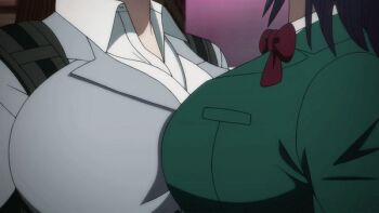 2girls animated animated_gif anime_screenshot bow breast_focus breast_press breasts cleavage disguise face-to-face glasses indoors large_breasts lips long_hair looking_at_another multiple_girls okada_yuriko open_mouth parted_lips red_bow ryona standing surprised sweat toujima_tanzaburou_wa_kamen_rider_ni_naritai twintails upper_body yukarisu