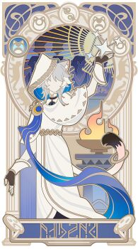 1girl absurdres animal_ears arm_up banjiangli black_gloves capelet cat_ears cat_tail chinese_commentary cipher_(atticus)_(honkai:_star_rail) cipher_(honkai:_star_rail) commentary_request dress fingerless_gloves gloves grey_hair highres honkai:_star_rail honkai_(series) hood hooded_capelet parody short_hair solo standing tail tail_ornament tail_ring white_capelet white_dress