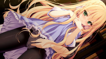 1girl blonde_hair blush cameltoe clothes_lift female_focus game_cg green_eyes indoors kami_no_ue_no_mahou_tsukai library panties pantyhose skirt skirt_lift solo standing sushimekabu tsukiyashiro_kisaki uguisu_kagura underwear