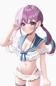 1girl absurdres alternate_costume bikini black_bikini blue_hair blue_nails breasts cleavage commentary_request frilled_shirt frilled_skirt frills highres hololive looking_at_viewer medium_breasts minato_aqua multicolored_hair nail_polish navel nekoshima_kaede pink_hair purple_eyes shirt skirt solo swimsuit thigh_strap twintails two-tone_hair virtual_youtuber white_background white_shirt white_skirt