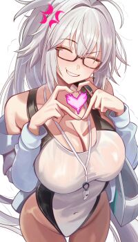 0nineo9 1girl absurdres anger_vein bare_shoulders blush breasts cleavage clenched_teeth closed_eyes commission cosplay fate/grand_order fate_(series) forced_smile glasses grey_hair heart heart_hands highleg highleg_one-piece_swimsuit highres jacket jeanne_d'arc_(fate) jeanne_d'arc_(swimsuit_archer)_(second_ascension)_(fate) jeanne_d'arc_(swimsuit_archer)_(second_ascension)_(fate)_(cosplay) jeanne_d'arc_alter_(fate) large_breasts long_hair long_sleeves off_shoulder one-piece_swimsuit solo swimsuit teeth very_long_hair white_jacket white_one-piece_swimsuit