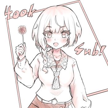 1girl :d anya_melfissa anya_melfissa_(indonesian_casual) belt belt_buckle braid buckle collarbone collared_shirt commentary english_commentary flower fong_(fongthe0125) hair_over_shoulder hand_up highres holding holding_flower hololive hololive_indonesia long_hair looking_at_viewer milestone_celebration monochrome open_mouth rose shirt single_braid skirt smile solo virtual_youtuber white_background