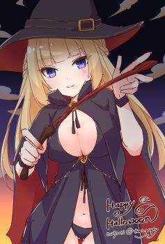 1girl arch_bishop_(ragnarok_online) bikini black_bikini black_cape black_hat blonde_hair blunt_bangs blush braid breasts cape cleavage closed_mouth commentary_request cowboy_shot dated half_up_braid halloween_costume happy_halloween hat highres holding holding_wand large_breasts long_hair looking_at_viewer purple_eyes ragnarok_masters ragnarok_online red_cape sakuraji_tomoka signature smile solo swimsuit two-sided_cape two-sided_fabric wand witch_hat