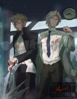 Rule 34 | 2boys, aqua eyes, bandaid, bandaid on cheek, bandaid on face, black jacket, black pants, blonde hair, blue eyes, blue necktie, bus stop, clock, cloud strife, cloud strife (midgard seventh high school), collared shirt, cowboy shot, delinquent, elsass, final fantasy, final fantasy vii, final fantasy vii: ever crisis, furrowed brow, gakuran, grey hair, grey jacket, hair between eyes, highres, holding, holding umbrella, jacket, jacket partially removed, male focus, midriff peek, multiple boys, necktie, official alternate costume, pants, parted bangs, rain, school uniform, sephiroth, sephiroth (ever crisis), sephiroth (shinra private academy), shirt, short hair, signature, slit pupils, spiked hair, suit jacket, twitter username, umbrella, wet, wet clothes, white shirt