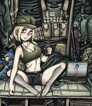 1girl absurdres alcohol ammunition_pouch assault_rifle azumanga_daiou beer blonde_hair blue_bow blue_dress blush body_armor bottle bow breasts brown_eyes bulletproof_vest character_doll cigarette cirno computer cross crossed_legs dancing doll dress ear_piercing fumo_(doll) green_tank_top gun hair_bow hat highres holding holding_bottle holding_cigarette indoors jacket jewelry kasuga_ayumu laptop liskim looking_at_viewer magazine_(weapon) marichka mattress mazepynka military military_combat_uniform military_operator military_uniform necklace original piercing pinafore_dress pouch rifle russo-ukrainian_war sharp_teeth short_hair sitting sleeveless sleeveless_dress smile smoking socks solo spread_legs tactical_clothes tank_top tattoo teeth tryzub ukraine ukrainian_flag weapon white_socks