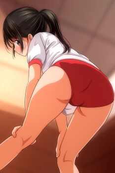 1girl absurdres ass black_hair blurry blurry_background blush brown_eyes buruma ceiling commentary_request from_below gym gym_shirt gym_uniform hands_on_own_knees highres indoors long_hair looking_at_viewer matsunaga_kouyou original ponytail red_buruma shirt short_sleeves sidelocks solo standing thighs trefoil white_shirt