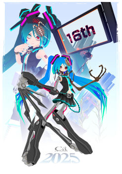 1girl 3d android aqua_eyes aqua_hair black_corset black_skirt blue_necktie ca_(maeda_koutarou) calne_ca_(deino) chibi corset cosplay crop_top dated deino_(deino3330) gradient_hair hat hatsune_miku hatsune_miku_(cosplay) heterochromia highres isopod joints long_hair mecha_musume mechanical_arms mechanical_legs multicolored_hair nato-kun necktie original pleated_skirt red_eyes robot_joints skeletal_arm skirt twintails very_long_hair vocaloid wire