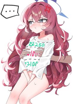 ... 1boy 1girl :t absurdres anger_vein between_legs blue_archive blue_halo blush bottomless cetci cowboy_shot cut-here_line disembodied_hand grey_eyes halo hand_between_legs heavy_breathing highres iroha_(blue_archive) loli looking_to_the_side pout red_hair shirt simple_background sitting spoken_ellipsis sweat text_print thighs twitter_cutting_game twitter_strip_game white_background white_shirt