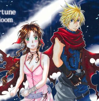 1boy 1girl 39cva aerith_gainsborough bangle bare_shoulders belt black_gloves blonde_hair blue_pants blue_shirt blush bracelet braid braided_ponytail breasts brown_hair buttons cleavage cloak cloud_strife collarbone cowboy_shot dress final_fantasy final_fantasy_vii fingerless_gloves gloves hair_between_eyes hair_ribbon highres jewelry kingdom_hearts long_hair loose_belt male_focus medium_breasts multiple_belts multiple_bracelets official_alternate_costume pants parted_bangs parted_lips pink_dress purple_belt rain red_cloak red_ribbon retro_artstyle ribbon shirt short_hair sidelocks single_braid sleeveless sleeveless_turtleneck spaghetti_strap spiked_hair suspenders tears torn_cloak torn_clothes traditional_media turtleneck