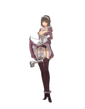 1girl animated animated_gif apron areola_slip arms_behind_back bdsm between_breasts black_shoes blinking bondage bouncing_breasts bound breasts brown_eyes brown_hair cannon cleavage clitoral_stimulation clothes_lift discreet_vibrator dot_nose earphones female_focus garter_belt garter_straps gun high_heels lace lace-trimmed_legwear lace_trim lamb_(artist) long_hair machine maid maid_apron maid_fire_(lamb) maid_headdress nipple_slip nipples no_bra one_eye_closed original panties red_eyes rope sex_machine sex_toy shibari shibari_over_clothes shoes simple_background skirt skirt_lift solo standing thighhighs torture underwear upskirt vibrator vibrator_in_thighhighs weapon what white_background wooden_horse