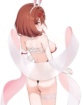 1girl absurdres animal_ears ass back bare_back bare_shoulders black_survival braid breasts bridal_gauntlets cowboy_shot detached_collar eternal_return:_black_survival fake_animal_ears from_behind hair_between_eyes hair_ornament hairband hashtag-only_commentary heart heart_hair_ornament highleg highleg_leotard highres large_breasts leotard looking_at_viewer looking_back median_furrow official_alternate_costume parted_lips playboy_bunny rabbit_ears red_eyes red_hair sash short_hair sideboob simple_background solo standing strapless strapless_leotard takealook thigh_strap thighs tran_quynh_mai two-tone_sash white_background white_hairband