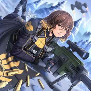 1girl aircraft airplane artist_logo ass bipod blonde_hair brown_eyes brown_hair cape clothes_writing commentary contrail curly_hair dropship eagle_(helldivers) eagle_1_(helldivers) english_commentary fingerless_gloves freckles gloves gradient_hair gun helldivers_(series) highres ice light_smile logo lying military_vehicle multicolored_hair on_stomach pelican_(helldivers) r-63cs_diligence_counter_sniper science_fiction shell_casing short_hair skull_print solo spacecraft spiritdraws two-tone_hair watermark weapon zipper_pull_tab
