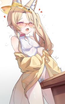 1girl ^^^ absurdres animal_ear_fluff animal_ears aroused bare_shoulders blonde_hair blue_archive blush breasts bright_pupils cameltoe chinese_commentary commentary covered_erect_nipples cowboy_shot cross_halo crotch_rub crying crying_with_eyes_open diamond_cutout drooling dutch_angle extra_ears female_masturbation forehead fox_ears fox_girl fox_tail furrowed_brow half-closed_eyes halo hand_up heart highleg highleg_one-piece_swimsuit highres jacket loli long_hair long_sleeves masturbation mouth_drool off_shoulder official_alternate_costume official_alternate_hairstyle one-piece_swimsuit open_clothes open_jacket open_mouth orange-tinted_eyewear parody parted_bangs penis pink_eyes pussy_juice saliva saliva_trail sanoba_witch scene_reference seia_(blue_archive) seia_(swimsuit)_(blue_archive) side_ponytail sidelocks simple_background small_breasts solo standing sweat swimsuit table table_humping tail tanezaki_atsumi tears teeth thighs tinted_eyewear trembling twitching twitter_username upper_teeth_only very_long_hair visor_cap voice_actor_connection white_background white_one-piece_swimsuit white_pupils wooden_table yellow_halo yellow_jacket yellow_visor zhuti483486