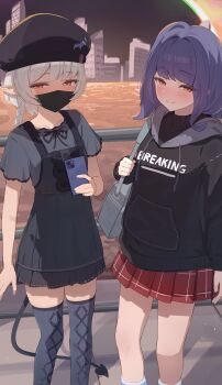 2girls archie_(zenless_zone_zero) bag bitseon black_dress black_hoodie black_shirt black_skirt blush braid brown_eyes cellphone character_request closed_mouth commentary_request cowboy_shot dark-skinned_female dark_skin demon_tail dress english_text grey_hair hair_intakes handbag highres holding holding_bag holding_phone hollow_(zenless_zone_zero) hood hoodie long_sleeves low_twin_braids mask medium_hair mouth_mask multiple_girls narrowed_eyes npc_(zenless_zone_zero) ocean phone pinafore_dress plaid_clothes plaid_skirt pleated_skirt pointy_ears red_skirt shirt short_sleeves skirt skyline sleeveless sleeveless_dress smartphone smile socks standing surgical_mask tail thighhighs twin_braids water zenless_zone_zero zettai_ryouiki