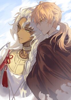 2boys braid chaldea_no_mono cloak closed_mouth commentary_request dark-skinned_male dark_skin fate/grand_order fate_(series) hair_between_eyes highres jewelry long_hair long_sleeves low_ponytail male_focus multiple_boys muneomon_(takomon) neck_ring orange_hair ponytail single_braid smile solomon_(fate) torn_clothes very_long_hair white_hair yellow_eyes