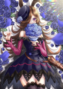 Rule 34 | 1girl, animal ears, bare shoulders, black thighhighs, blue dress, blue flower, blue hat, blue rose, bouquet, breasts, brown hair, collarbone, commentary request, dagger, dress, flipped hair, flower, fur choker, hair over one eye, hat, hat flower, highres, holding, holding bouquet, horse ears, horse girl, knife, long hair, long sleeves, looking at viewer, lying, off-shoulder dress, off shoulder, on back, purple eyes, rice shower (rosy dreams) (umamusume), rice shower (umamusume), rose, sheath, sheathed, small breasts, solo, thighhighs, tilted headwear, umamusume, wajuniorbox, weapon
