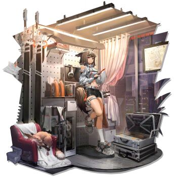 1girl animal animal_ears arknights baimudafeiyu bare_shoulders belt black_shorts brown_hair clothing_cutout couch curtains cutter_(arknights) cutter_(wiping_knife)_(arknights) fox fox_ears fox_girl fox_tail full_body grey_shoes hair_ornament hairclip highres holding holster indoors jacket long_sleeves looking_at_viewer midriff navel official_alternate_costume official_art paper red_eyes shoes short_hair short_shorts shorts shoulder_cutout sneakers socks solo standing standing_on_one_leg tail thigh_strap transparent_background white_socks window