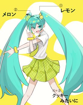 1girl absurdres aqua_eyes aqua_hair bare_legs food fruit gabang green_skirt hatsune_miku highres japanese_text lemon lemon_melon_cookie_(vocaloid) lemon_slice looking_at_viewer melon shirt simple_background skirt smile solo vocaloid white_shirt