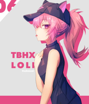 1girl animal_hat baseball_cap black_hat black_shirt cat_hat character_name commentary copyright_name from_side hat highres loli_(to_be_hero_x) long_hair looking_at_viewer mitsuto_(mamimu) pink_eyes pink_hair ponytail shirt sleeveless sleeveless_shirt solo standing text_background to_be_hero to_be_hero_x tongue tongue_out twitter_username upper_body
