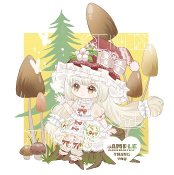 Rule 34 | 1girl, absurdres, blonde hair, border, bow, bow button, bow legwear, bowtie, brown eyes, butter, chemise, chibi, chinese commentary, choker, closed mouth, commentary request, commission, day, dot nose, dress, eyelashes, flower, food, food print, footwear bow, frilled bow, frilled choker, frilled dress, frilled headwear, frilled leg warmers, frilled wrist cuffs, frills, fruit print, grass, grey bow, happy, hat, hat bow, hat flower, highres, infinity nikki, instantaneousness, lace, lace-trimmed dress, lace trim, leaf, leg warmers, light particles, lipstick, long hair, looking ahead, low-tied long hair, low twintails, makeup, medium dress, mushroom, nikki (series), on tree stump, outdoors, outside border, pine tree, pink lips, plant, pleated dress, polka dot footwear, pom pom (clothes), print dress, red bow, red bowtie, red hat, red shoes, sample watermark, shiny clothes, shoes, sitting, sky, sleeve bow, smile, solo, square neckline, strawberry print, striped bow, striped bowtie, striped clothes, sweet waltz (infinity nikki), tailcoat, tareme, tree, twintails, very long hair, vines, watermark, waving, white border, white chemise, white dress, white flower, white leg warmers, white wrist cuffs, witch hat, wrist cuffs, yellow sky