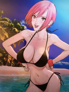1girl bikini breasts chiho_johansson cleavage gigant highres large_breasts looking_at_viewer navel oku_hiroya papico_(gigant) pink_eyes pink_hair smile swimsuit
