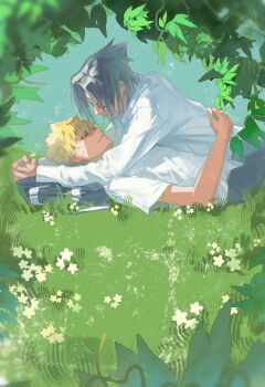 2boys arm_around_back black_hair blonde_hair closed_mouth collared_shirt facial_mark flower hair_between_eyes hair_over_eyes highres long_sleeves male_focus multiple_boys naruto_(series) outdoors parted_bangs rayray8208820 shirt short_hair short_sleeves smile spiked_hair uchiha_sasuke uzumaki_naruto whisker_markings white_flower white_shirt yaoi