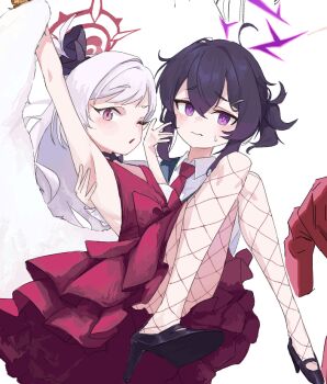 2girls :o ;o armpits black_shoes blue_archive carrying commentary_request fishnet_pantyhose fishnets fur_shawl hair_between_eyes halo haruka_(blue_archive) haruka_(suit)_(blue_archive) high_heels multiple_girls mutsuki_(blue_archive) mutsuki_(dress)_(blue_archive) official_alternate_costume one_eye_closed pantyhose princess_carry purple_eyes purple_hair purple_halo red_halo shawl shimeji_take shoes simple_background sweatdrop white_background
