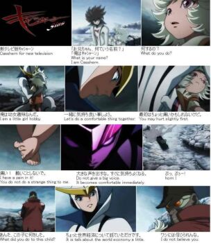 00s 1girl 2boys age_difference car casshern casshern_(series) casshern_sins child engrish hug motor_vehicle multiple_boys outdoors purple_eyes ranguage ringo_(casshern_sins) translated white_hair