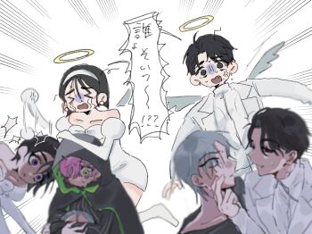 >_< 3boys 3girls alien_stage anger_vein black_cloak black_eyes black_hair black_shirt bob_cut cloak coat commentary_request dress dual_persona earrings emphasis_lines grey_hair hairband halo highres hitting hood hood_up hooded_cloak ivan_(alien_stage) jewelry mizi_(alien_stage) multiple_boys multiple_girls off-shoulder_dress off_shoulder open_mouth pink_hair shirt short_hair siraai_g sua_(alien_stage) tears till_(alien_stage) translation_request very_short_hair white_coat white_dress white_hairband white_shirt white_wings wings yellow_eyes