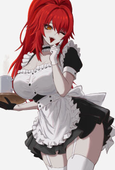 1girl absurdres alternate_costume alternate_hairstyle apron black_choker black_dress breasts choker cleavage coffee_mug commentary cup dress english_commentary garter_straps highres holding holding_tray indie_virtual_youtuber large_breasts maid maid_apron meibin mug open_mouth ponytail red_hair smile solo thighhighs tray virtual_youtuber white_apron white_background white_garter_straps white_thighhighs yellow_eyes zentreya